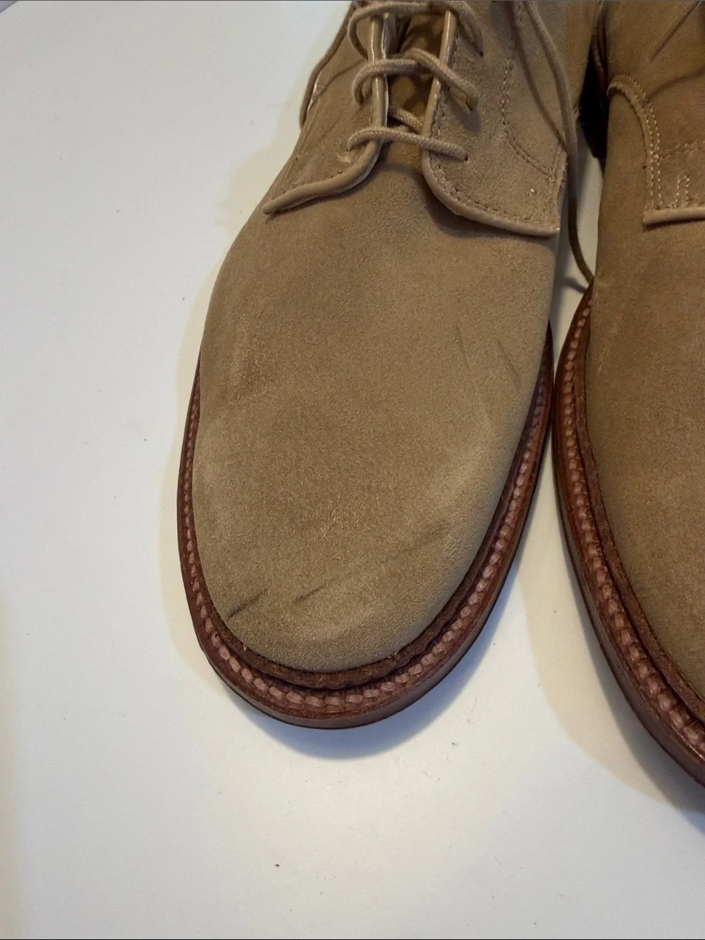 Alden Plain Toe Blucher Flex Welt Tan Suede Sz 12.  New/Flawed.  Tub10